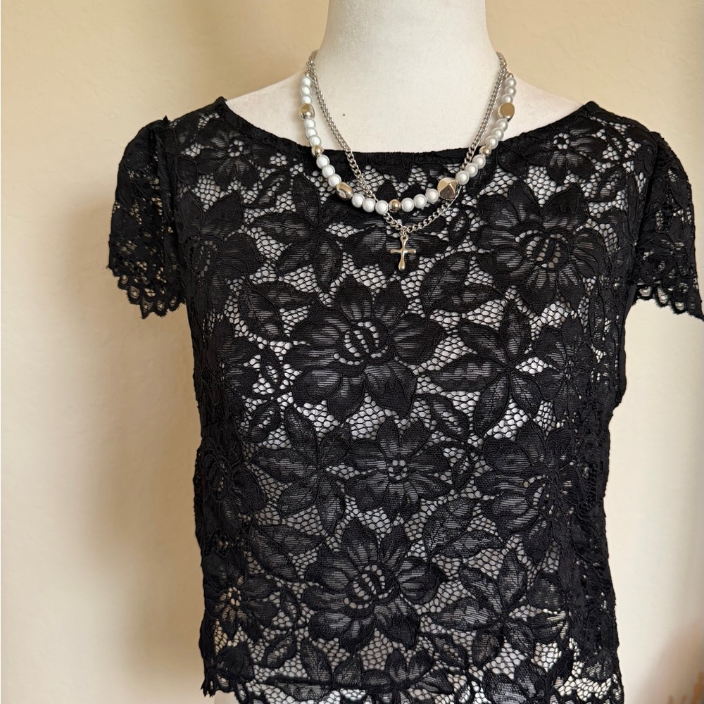SHEIN Black Floral Lace Crop Top Size medium